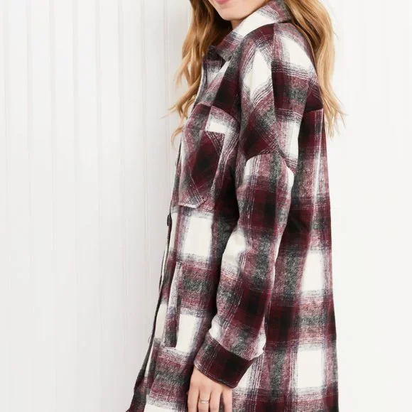 Zenana Autumn Evening Full Size Plaid Longline Shacket in Burgundy - Picture 6 of 9